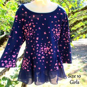 GIRL'S TOP, 10, RUFFLE HEM TUNIC, PINK & NAVY BUTTERFLY THEME KNIT BLOUSE